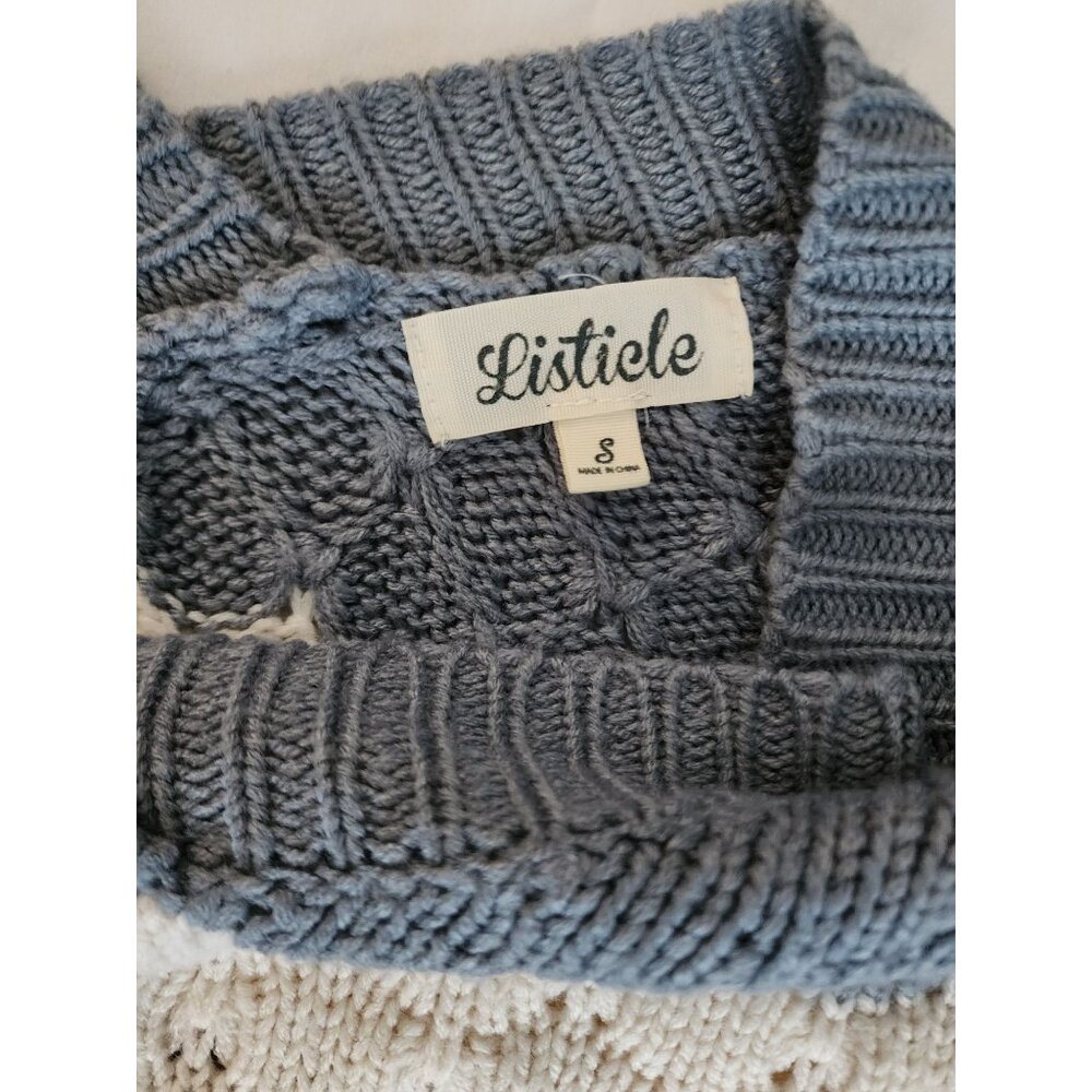Listicle Womens Cable Knit Drop Shoulder Pullover Sweater Blue/White/Brown Small - Picture 4 of 10